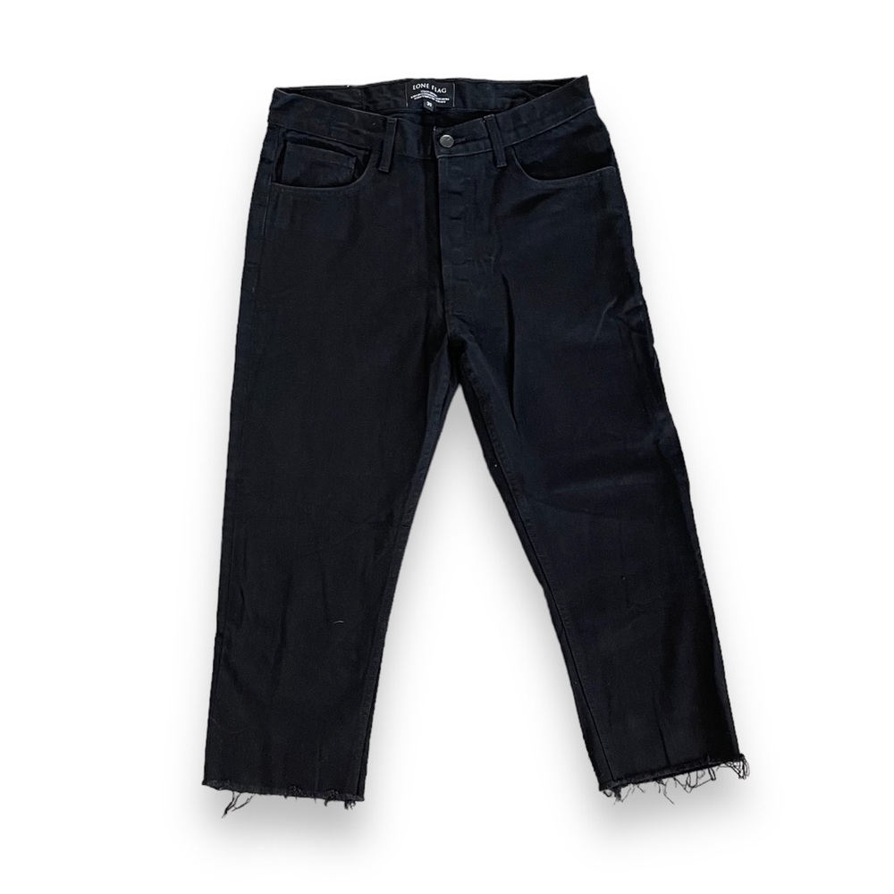 LONE FLAG Black High Rise Button Fly Raw Hem Capri Jeans 31